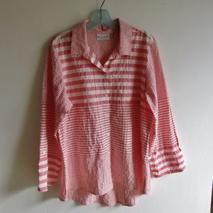 Habitat Woman's Blouse SZ Med 98% Cotton 2% Spandex Pink Stripe lagenlook
